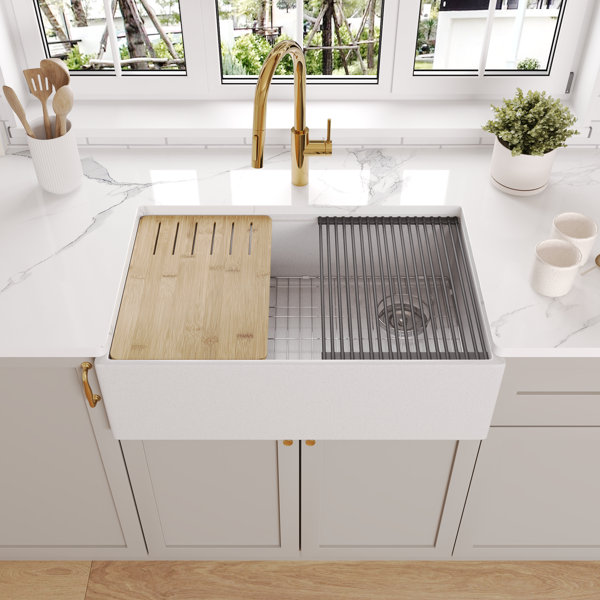 DeerValley 30inch L Single Bowl Concrete Workstation Farmhouse Kitchen